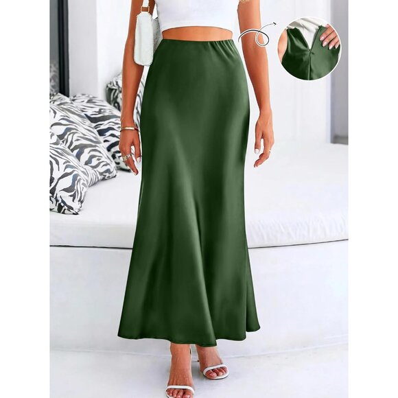Elegant Satin Maxi Skirt for Women High Waisted Army Green Silk Dressy Casul - Picture 2 of 7